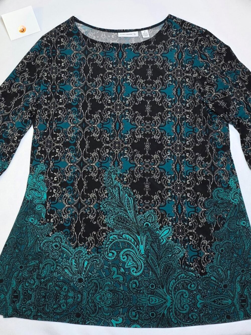 Susan Graver Liquid Knit Damask Paisley Border Print Top Teal Black Women's M